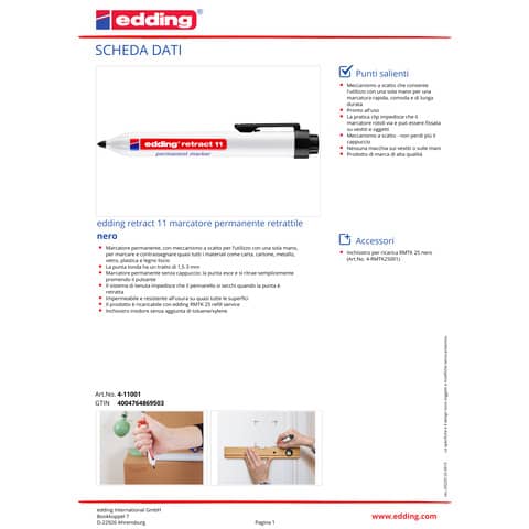 Marcatore permanente edding Retract 11 punta conica 1,5-3 mm nero E-11 001